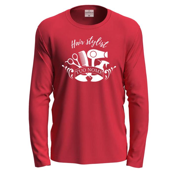 T-shirt a manica lunga con stampa DTF "HAIR STYLIST" per parrucchieri barbieri salone personalizzabile con nome