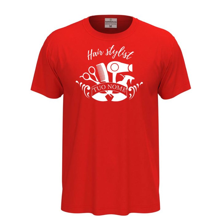 T-shirt unisex a manica corta con stampa DTF "HAIR STYLIST", per parrucchieri barbiere spazzola personalizzabile con nome