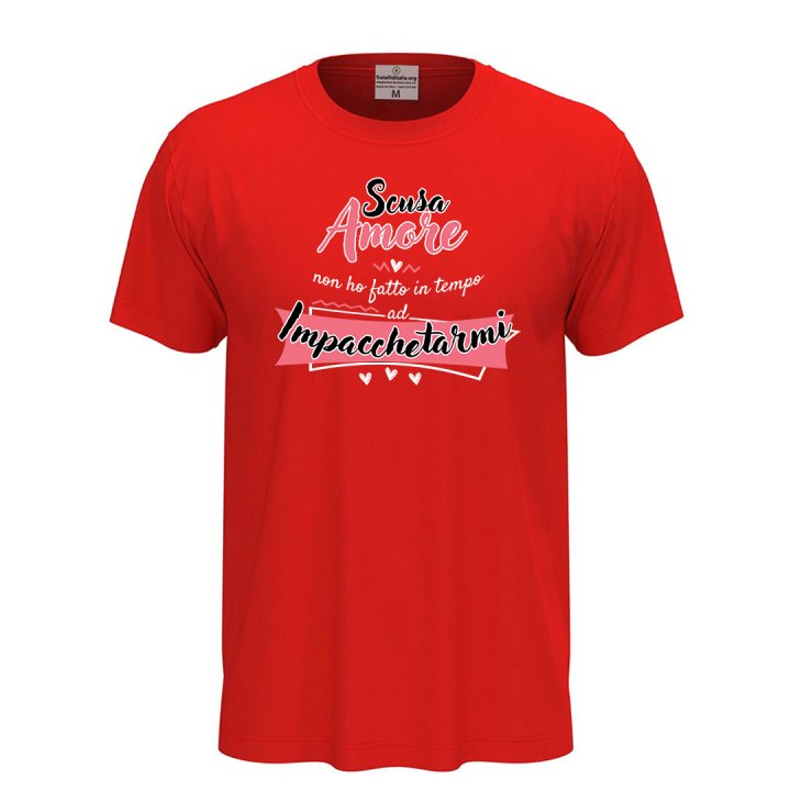 T-shirt classica unisex a manica corta con stampa "SCUSA AMORE" simpatica idea regalo per San Valentino.