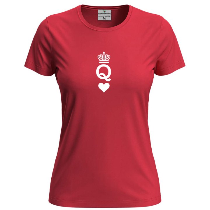 T-shirt classica donna a manica corta con stampa "QUEEN" regina carta gioco coppia San Valentino