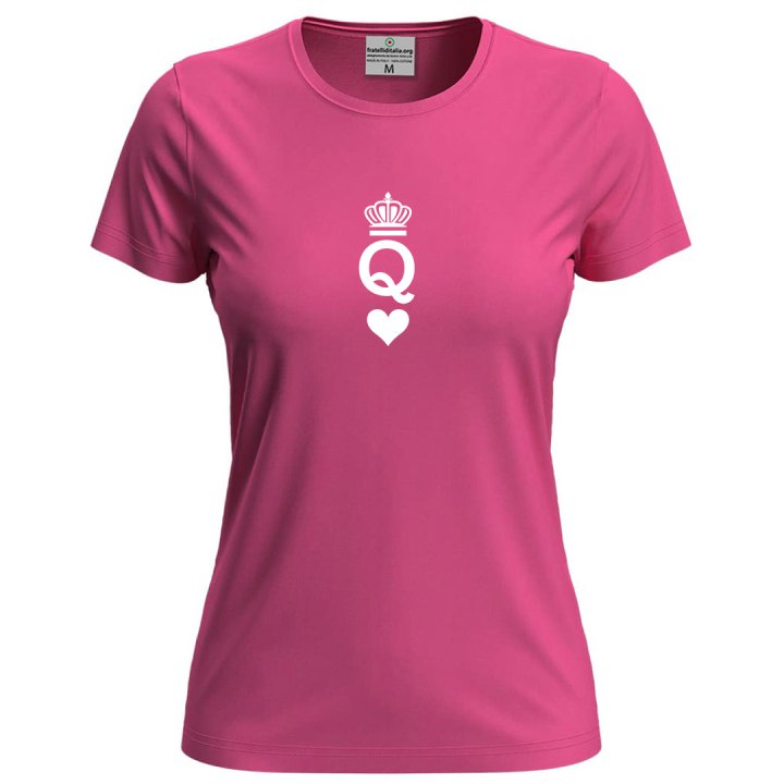 T-shirt classica donna a manica corta con stampa "QUEEN" regina carta gioco coppia San Valentino